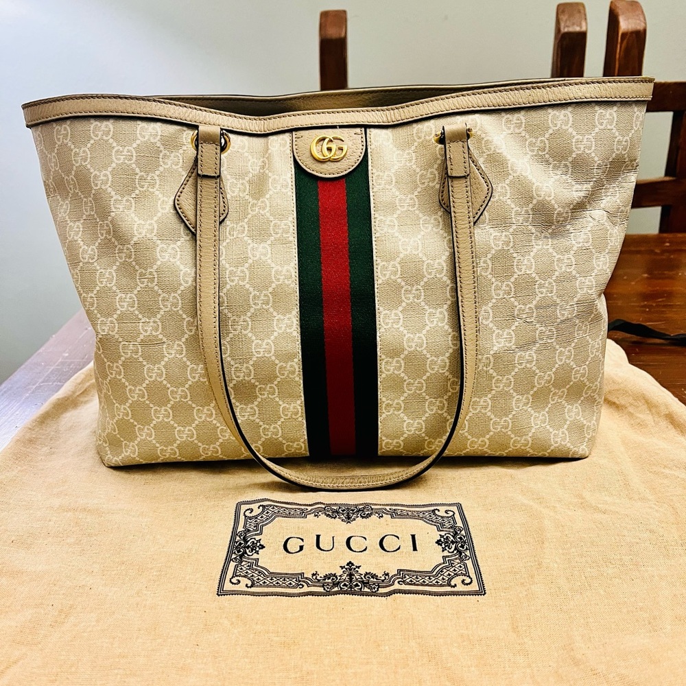 Authentic Gucci Ophidia Beige and Red Stripe Large Tote Bag